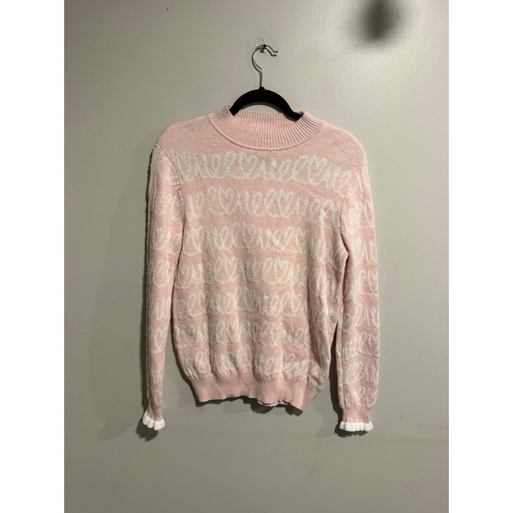 Elle Pink Heart Mock Neck Sweater Ruffle Cuff Long Sleeve Knit Top RN73277 M